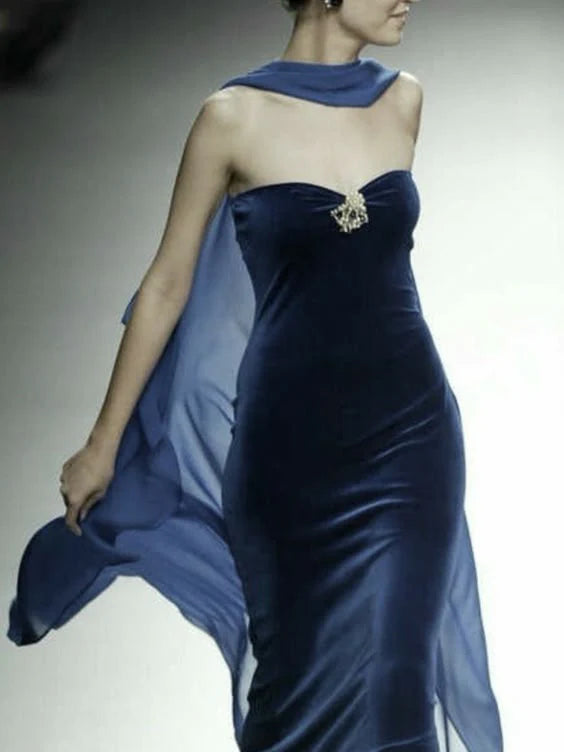 TingPo Wholesale Elegant Modest Sheath Strapless Navy Blue Beads Velvet Prom Dresses Long Evening Dress